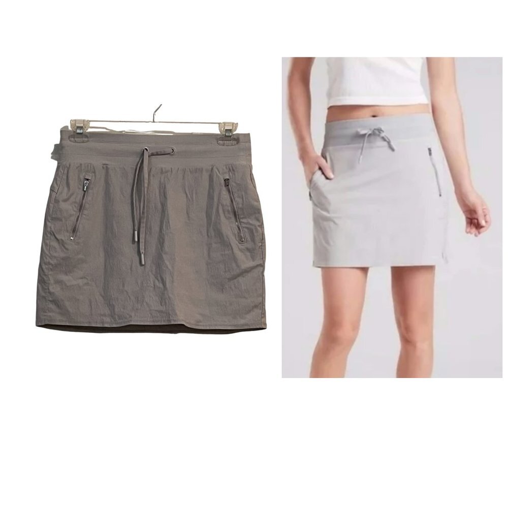 Athleta Size 6 Gray Skort Crinkle Fabric Wide Drawstring Waist Zip Pocke…